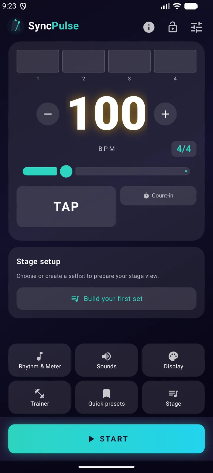 SyncPulse metronome at 100 BPM with beat bars, time signature and practice controls