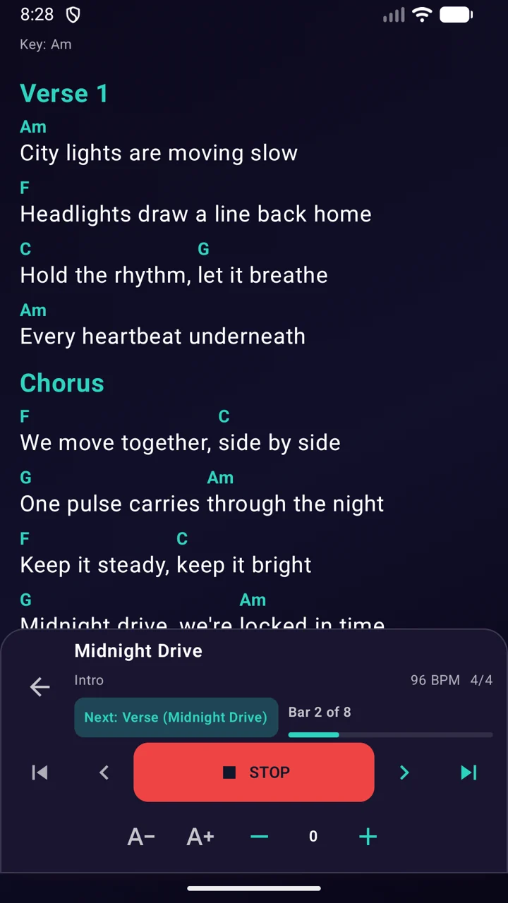 Chord sheet for Midnight Drive with active Intro, next Verse and playback controls