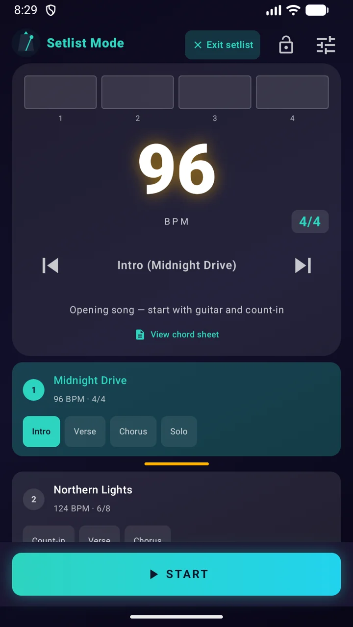 SyncPulse setlist with Midnight Drive, song sections and tempo