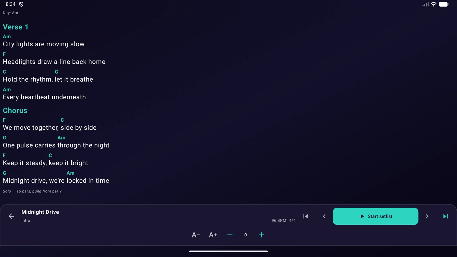 Chord sheets & playback controls · Android tablet